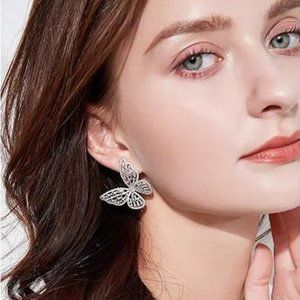 Gold Butterfly Crystal Flower Earrings for Women